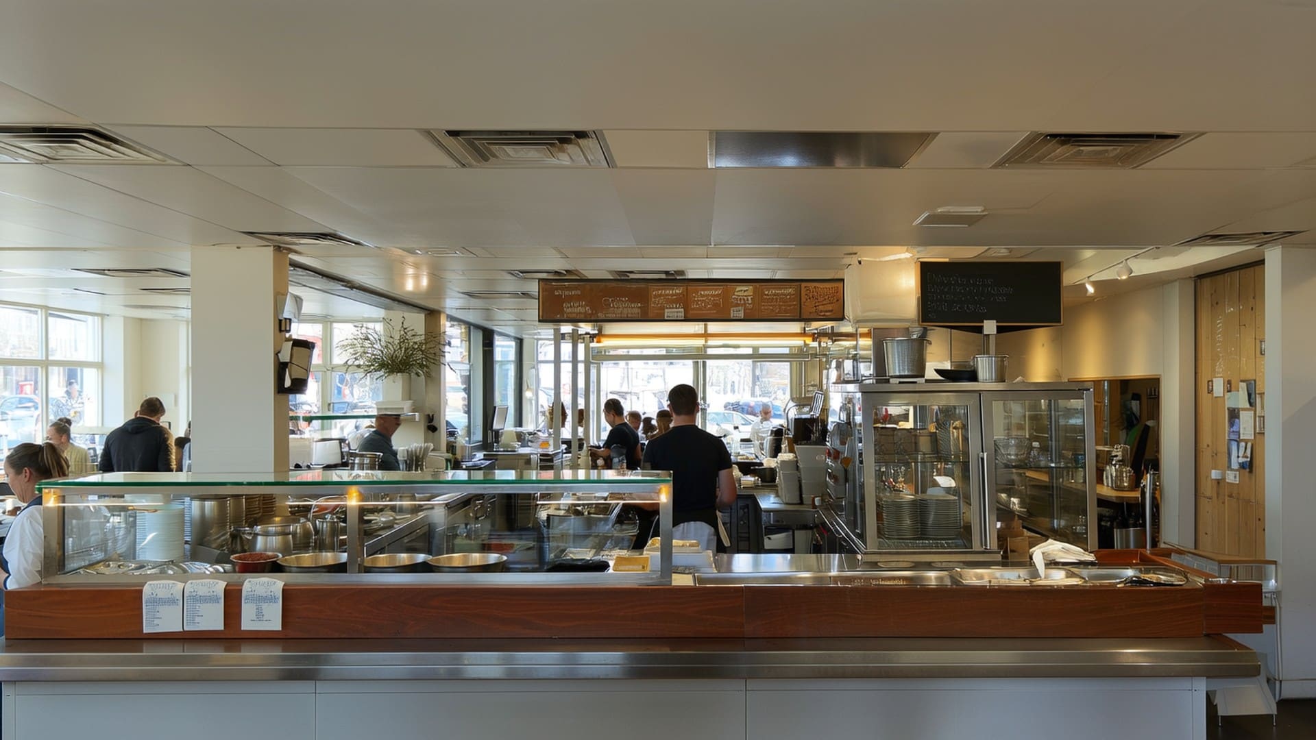 Open keuken met een lange toonbank in een licht en casual restaurant.